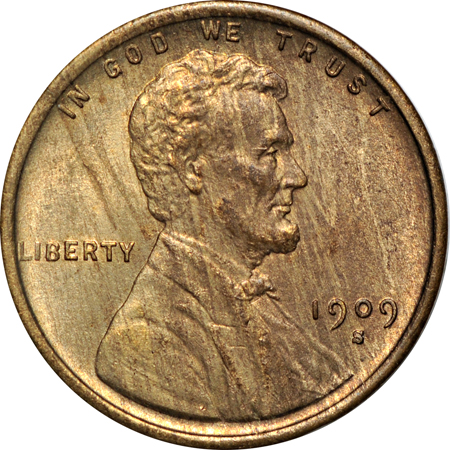 Five uncirculated Lincoln cents.