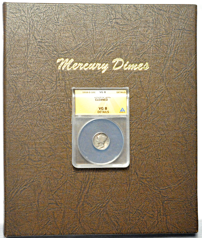 1916-D ANACS VG-8 details/cleaned in a complete set of Mercury dimes (no 42/1) in a Dansco 7123 album.