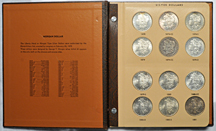 Nearly complete set of Morgan dollars from 1878 thru 1890 (no 1889-CC) in a Dansco 7178 album.