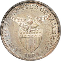 Philippines Under U. S. Sovereignty 1908 Proof Peso PCGS PF-65.