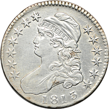 Thirteen Capped Bust half-dollars.