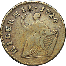 1724 Period After Date, Ten Harpstrings Hibernia Farthing. Martin 3.9-D.1, Breen 175, Rarity-4, 51.2 grains. VF.