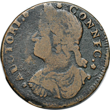 1787 Connecticut Copper, first "CONNFC" variety.  Miller 43.1-Y, Rarity-2, 134.4 grains. F.