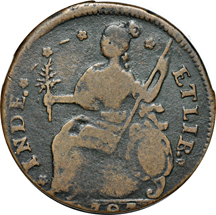 1787 Connecticut Copper, first "CONNFC" variety.  Miller 43.1-Y, Rarity-2, 134.4 grains. F.