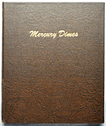 Nearly complete set of Mercury dimes in a Dansco 7123 album.