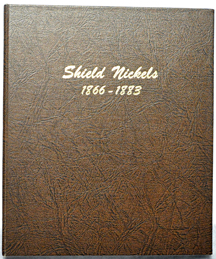 Seventy-percent filled set of Shield nickels in a Dansco-like album.