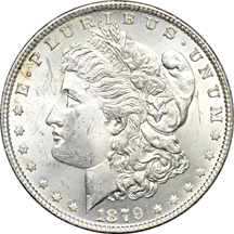 Twenty collector date/grade Morgan dollars.