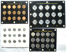 1950 thru 1964 Proof Washington quarters, Roosevelt dimes, Jefferson nickels and Lincoln cents in Capital Platics' holders.