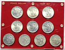 1921 thru 1935 P-Mint Peace dollar set in a Capitol Plastics' holder.