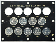 Nine 1955 thru 1963 Proof Franklin half-dollar sets in Capital Plastics' holders.