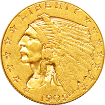 Five Indian-head quarter-eagles.  AU.