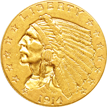 Five Indian-head quarter-eagles.  AU.