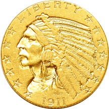 Five Indian-head half-eagles.  AU.