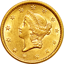 Five Type 1 $1 gold pieces.  AU.