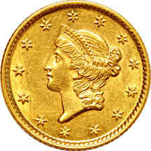 Five Type 1 $1 gold pieces.  AU.