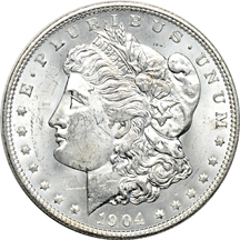 Ten O-Mint Morgan silver dollars.