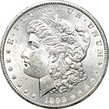 Ten O-Mint Morgan silver dollars.