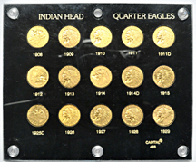 Complete set of AU/BU Indian-head quarter-eagles in a Capital Plastics' holder.