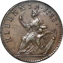 1723 Hibernia Halfpenny, no stop before H of HIBERNIA,. NGC MS-63 BN.