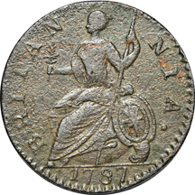 1787 "Machin's Mills or Atlee Imitation Halfpence", 108 grains. XF, corroded.