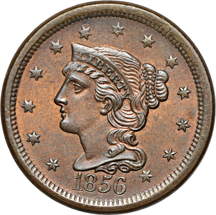 1857 half-cent MS-63 BN and an 1856 large-cent MS-63 BN.