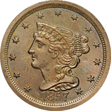 1857 half-cent MS-63 BN and an 1856 large-cent MS-63 BN.