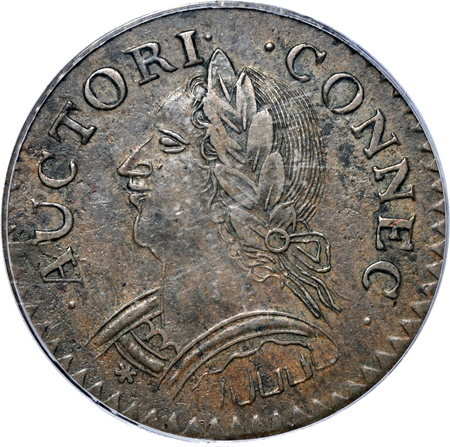 1787 Connecticut Copper. Mailed Bust Left, Laughing Head obverse.  Miller 6.1-M, Rarity-1. PCGS AU-53.