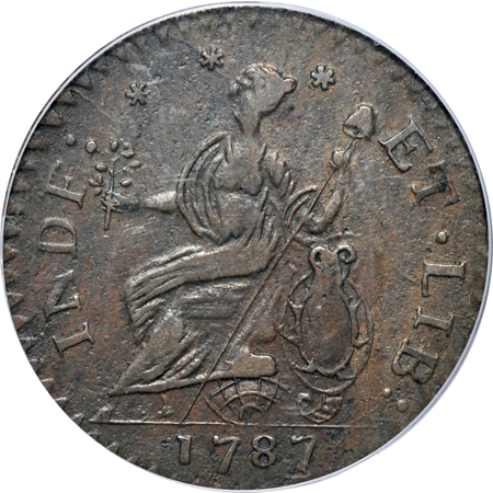 1787 Connecticut Copper. Mailed Bust Left, Laughing Head obverse.  Miller 6.1-M, Rarity-1. PCGS AU-53.