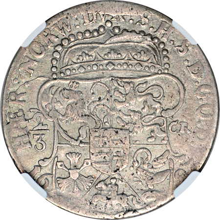 1683 Schleswig-Holstein-Gottorp/German States 2/3 Taler (Gulden), Christian Albrecht (1659 -1694), catalog number KM-179. NGC VF-35.