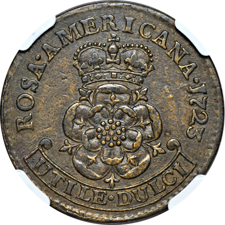 1723 Rosa Americana Penny. Stop after REX, No Stop after 3 (Breen 121). NGC XF-45 BN.