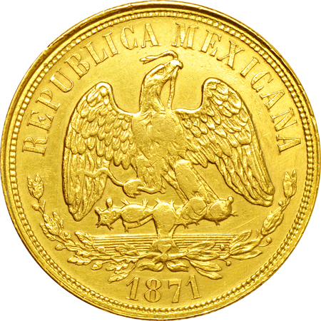 Mexico, Republic 1871 Mo-M gold Twenty Pesos, KM-414.6. XF.