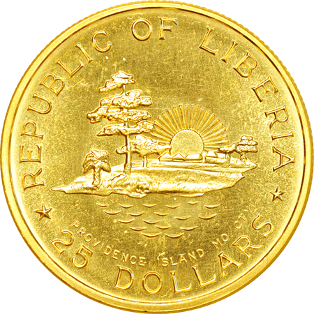 Republic of Liberia 1965-B gold twenty-five Dollars, KM-21. MS-60 PL.