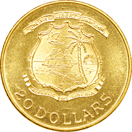 Republic of Liberia 1964-B gold twenty Dollars, KM-19. MS-60.