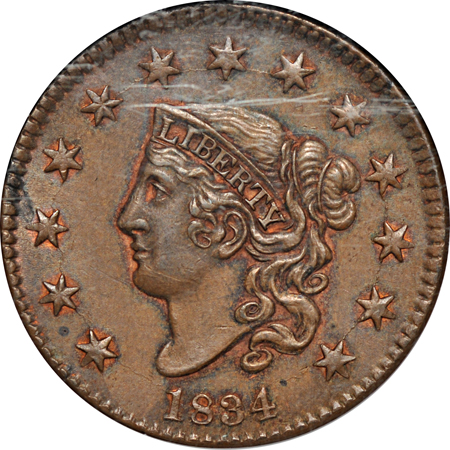 1834 Sm 8,  Lg Strs, Med Let. N2 NGC MS-63 BN.