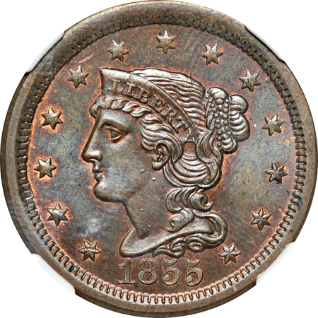 1855 Upright 55, N-4. NGC MS-65 BN.