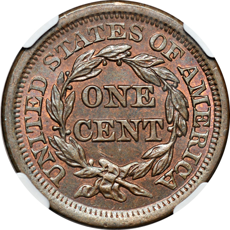 1855 Upright 55, N-4. NGC MS-65 BN.