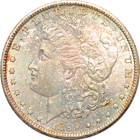 Four richly toned Morgan dollars.