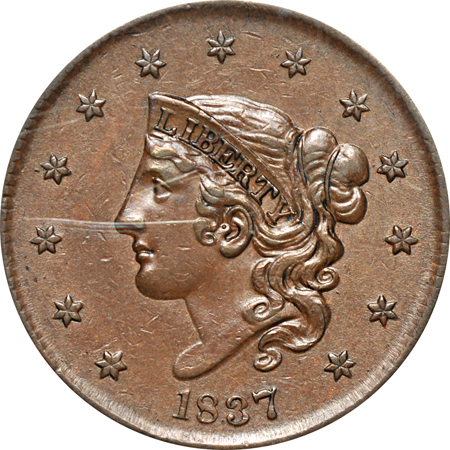 1837 Plain Cord, Medium Letters. PCGS AU-55.