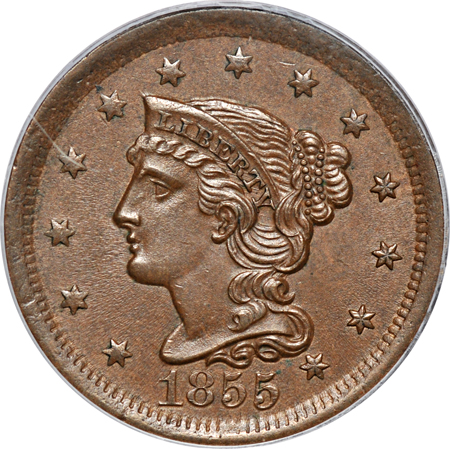 1855 "Upright 55" PCGS MS-63 BN.