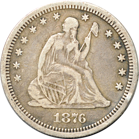 1875-S Twenty-cent piece VF and an 1876-CC Seated quarter Fine.