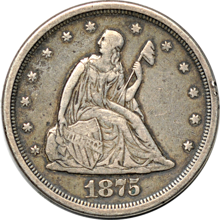 1875-S Twenty-cent piece VF and an 1876-CC Seated quarter Fine.