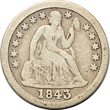 1821 Capped Bust dime (JR-1) XF, 1843/1843 Seated dime Fine, and 1921 Mercury dime VG.