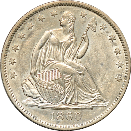 Five Seated Liberty half-dollars.