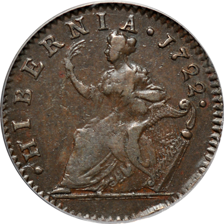 1722 Hibernia Halfpenny, Harp Right. PCGS XF-45.