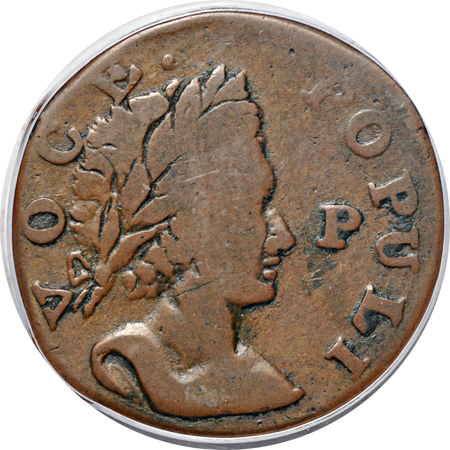 1760 "P at Face" Hibernia Voce Populi Half Penny. PCGS VF-20.