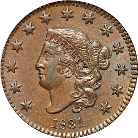 1831 Medium Letters (N-6, R.1). PCGS AU-58.