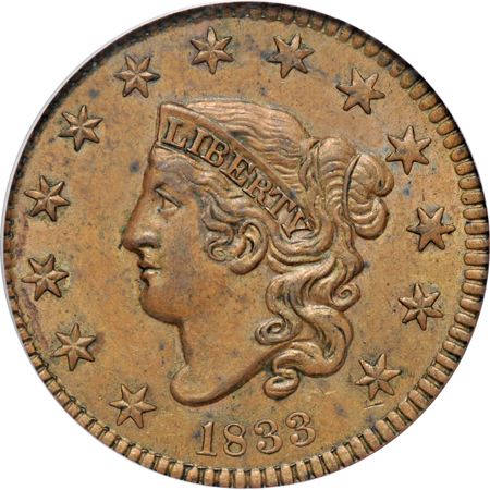 1833 (N-6, R.1) PCGS MS-62BN.