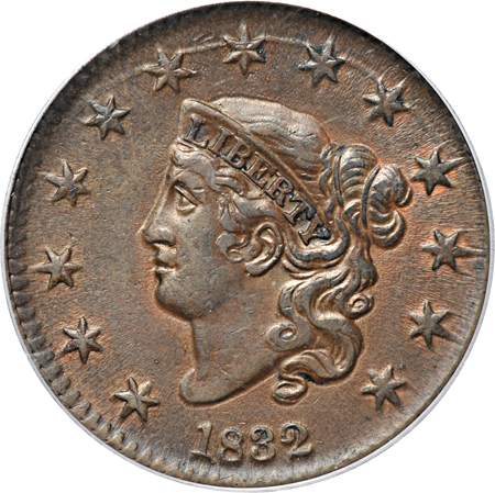 1832 Medium Letters (N-2, R.3). PCGS AU-53.