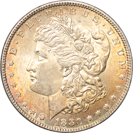 1879-S MS-64 and 1880 MS-62 toned Morgan dollars.