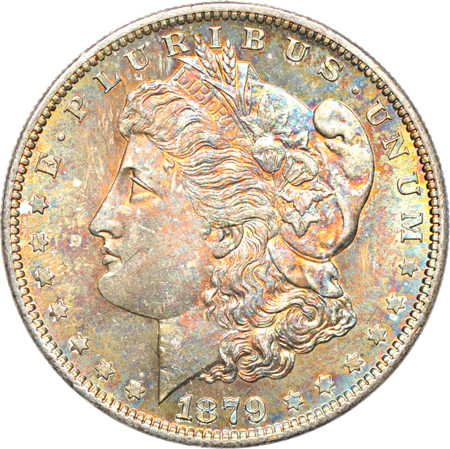 1879-S MS-64 and 1880 MS-62 toned Morgan dollars.